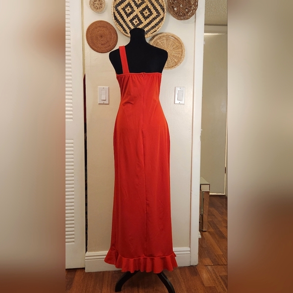 One Shoulder Red Cascading Maxi Dress With Ruffles - Picture 10 of 11